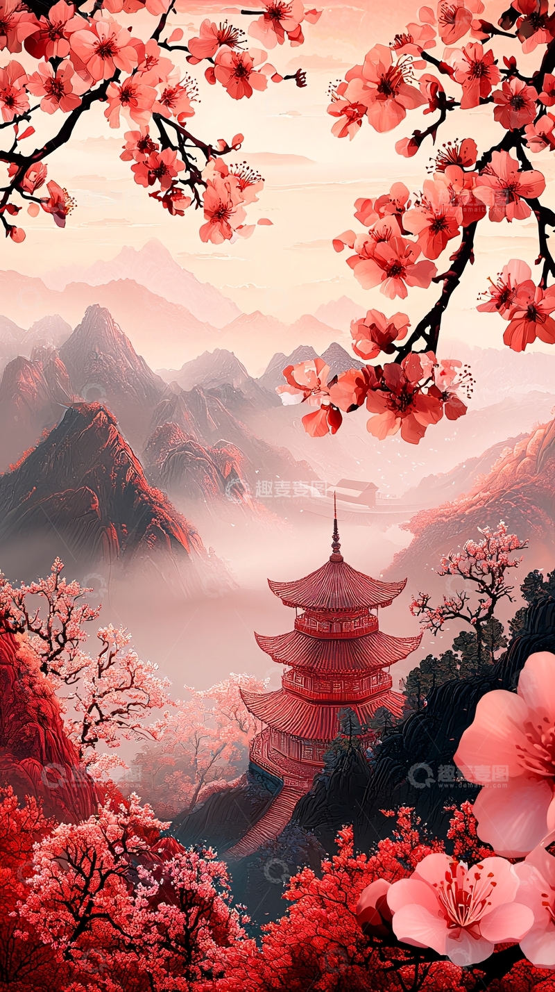 高清大图下载【趣麦麦图】粉红樱花山间寺庙