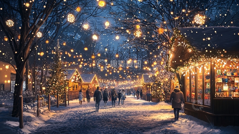 高清大图下载【趣麦麦图】冬夜雪景圣诞小镇