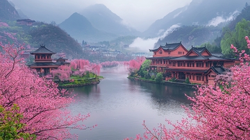 粉色樱花簇拥下的古风建筑