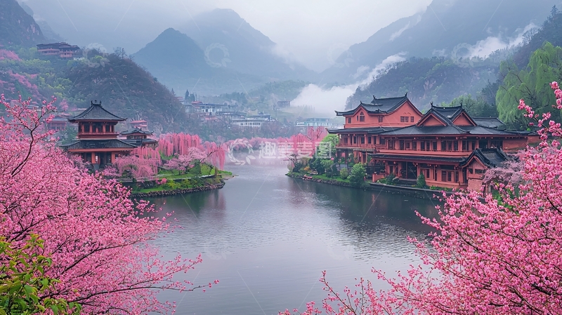高清大图下载【趣麦麦图】粉色樱花簇拥下的古风建筑