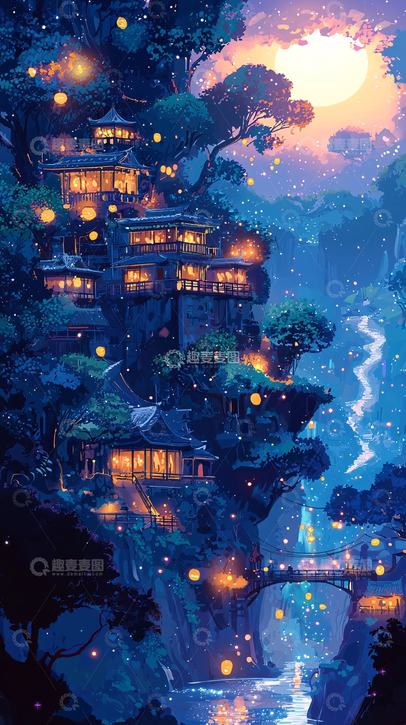 高清大图下载【趣麦麦图】梦幻山崖夜景