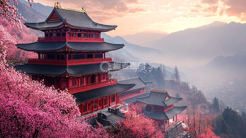 高清大图下载【趣麦麦图】红木古建筑山间樱花