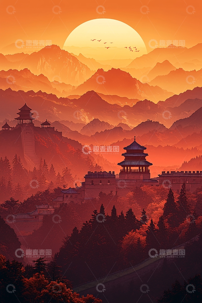 高清大图下载【趣麦麦图】日落山景古建筑