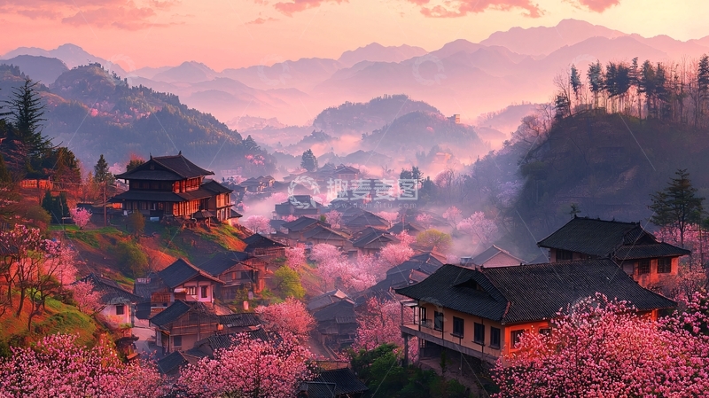 高清大图下载【趣麦麦图】山间粉色樱花村庄