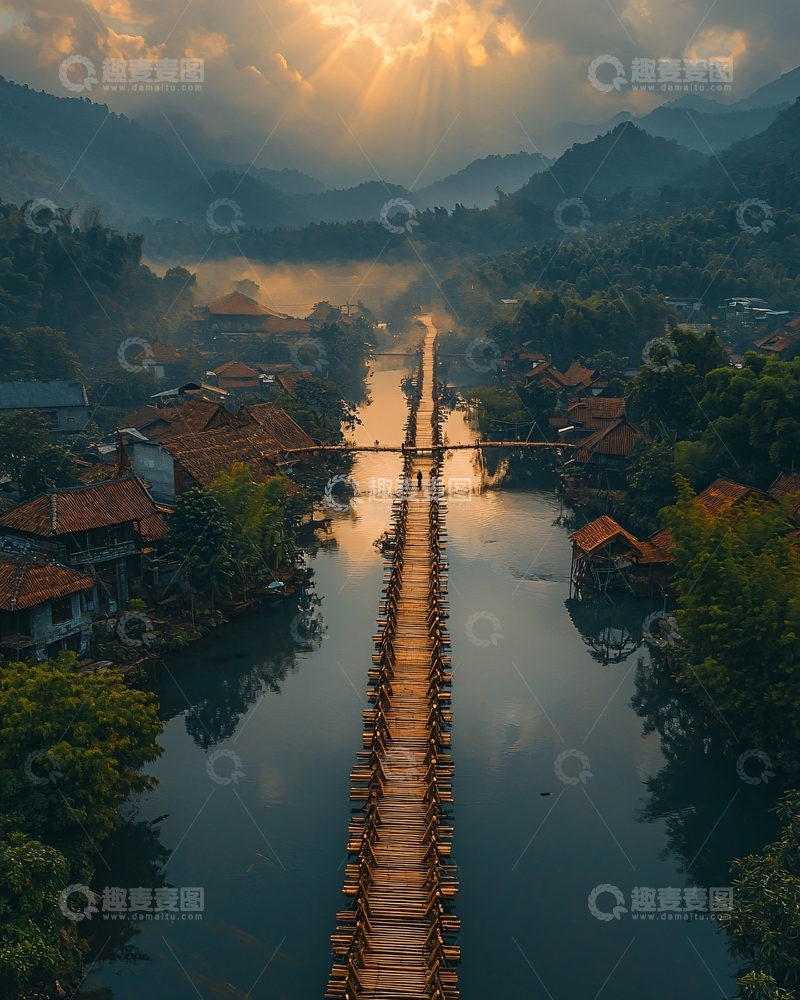 高清大图下载【趣麦麦图】清晨山水古桥村庄