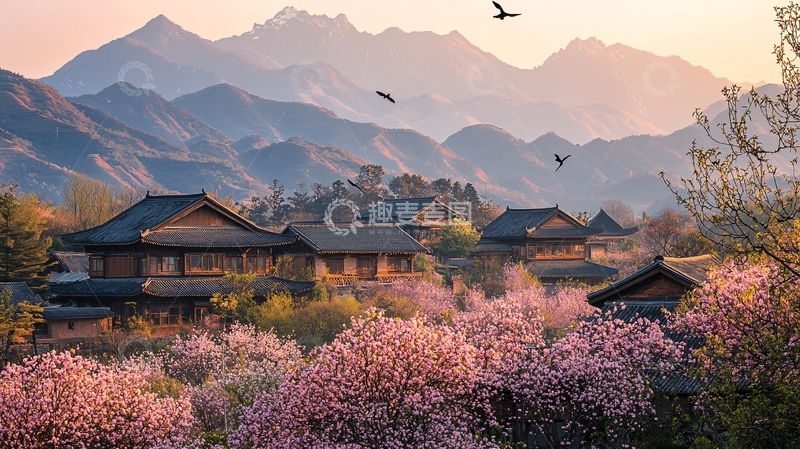 高清大图下载【趣麦麦图】东方古建筑桃花盛开