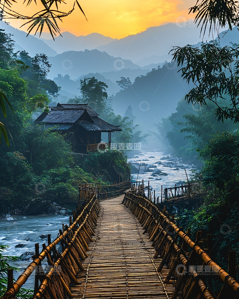 高清大图下载【趣麦麦图】清晨山谷竹桥木屋