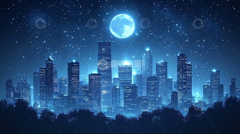 高清大图下载【趣麦麦图】蓝色梦幻星空城市夜景