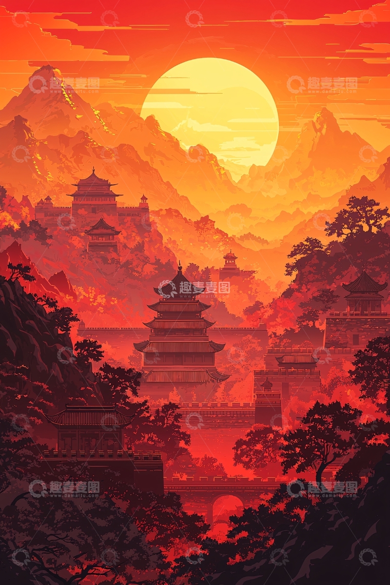 高清大图下载【趣麦麦图】日落山川古城景色