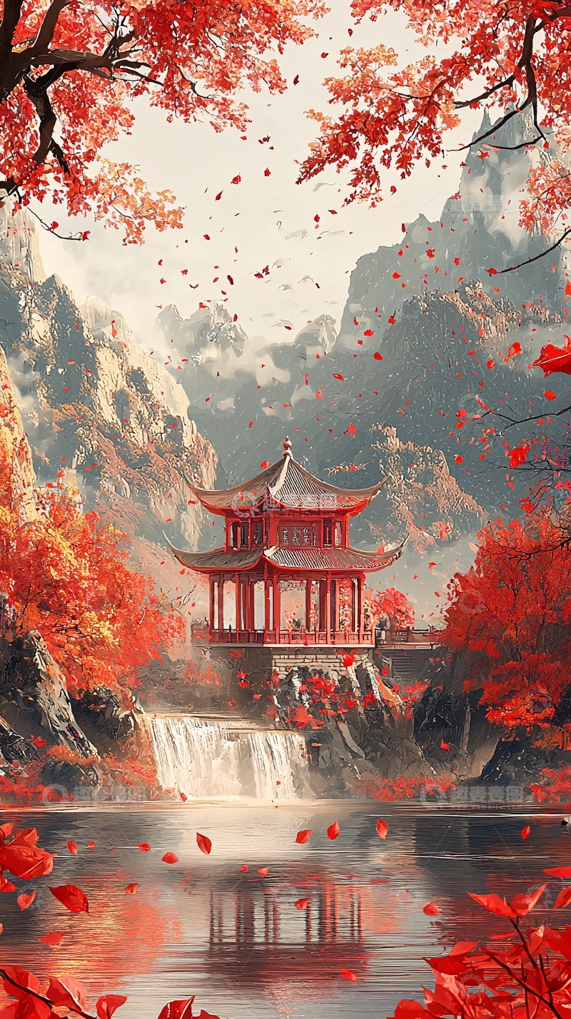 高清大图下载【趣麦麦图】秋日红叶山间红亭