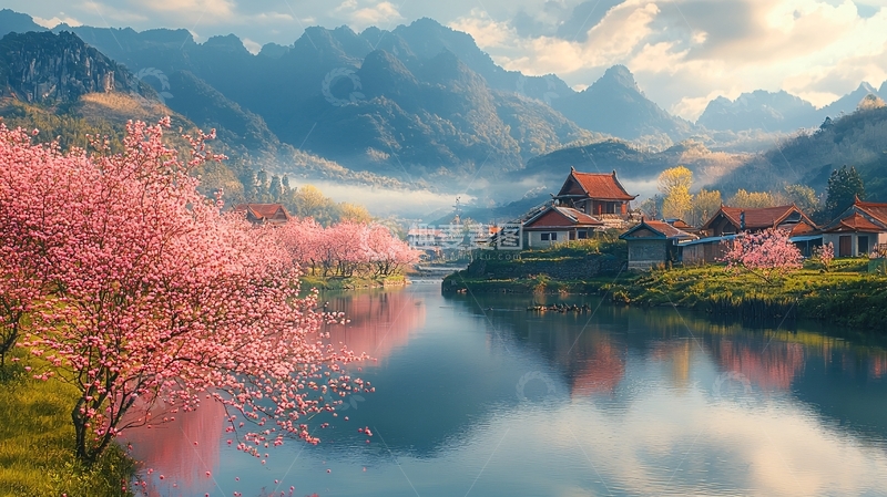 高清大图下载【趣麦麦图】春意盎然的桃树山村