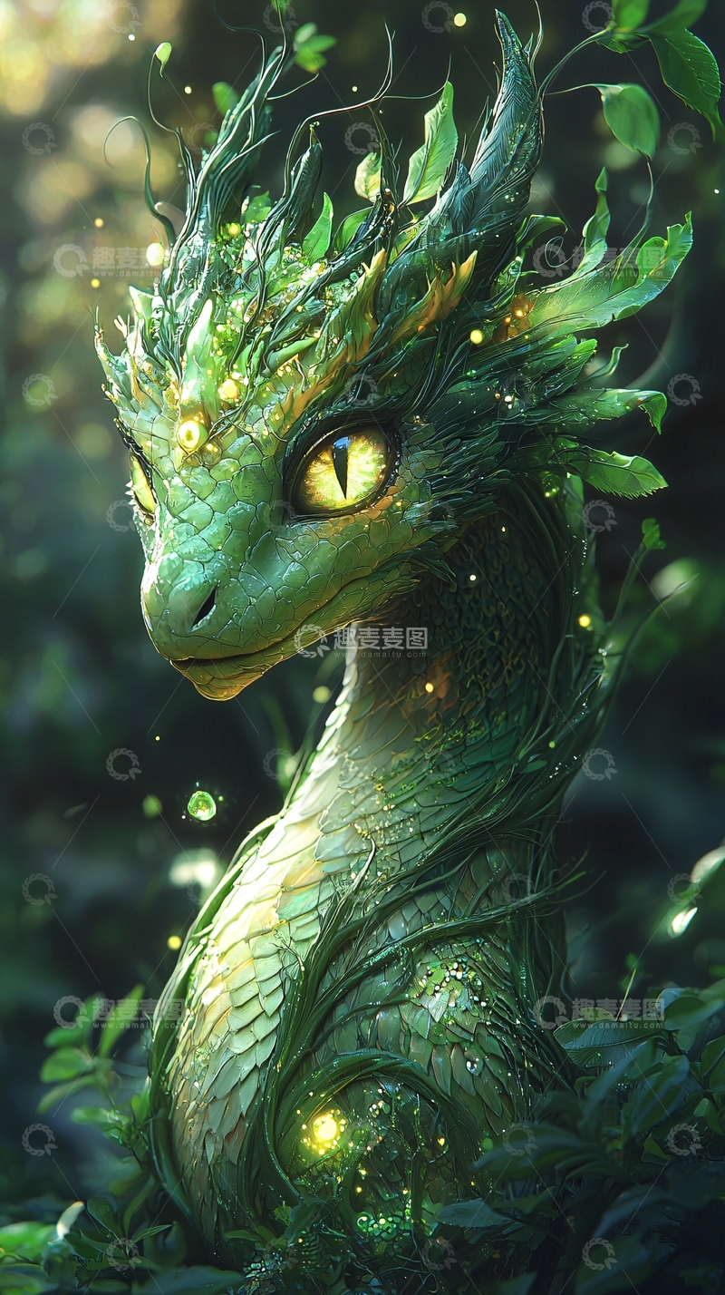 高清大图下载【趣麦麦图】绿叶缠绕的可爱小绿龙