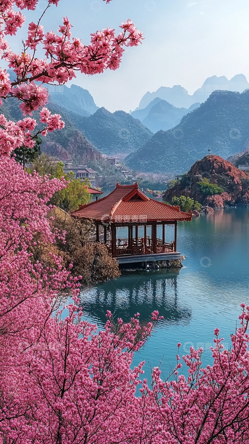 高清大图下载【趣麦麦图】樱花湖畔亭台