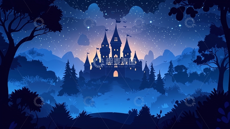 高清大图下载【趣麦麦图】夜空下的蓝色城堡剪影