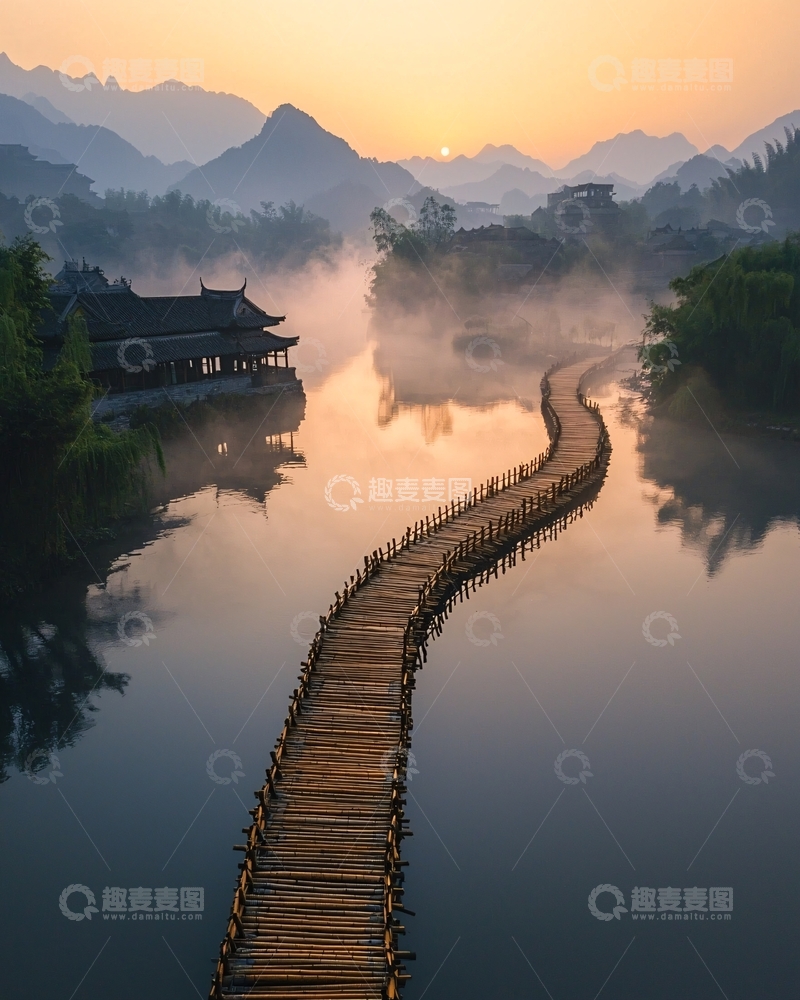 高清大图下载【趣麦麦图】清晨雾气山间木桥