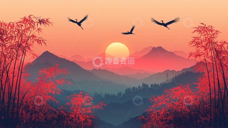 高清大图下载【趣麦麦图】日出山峦竹林飞鸟