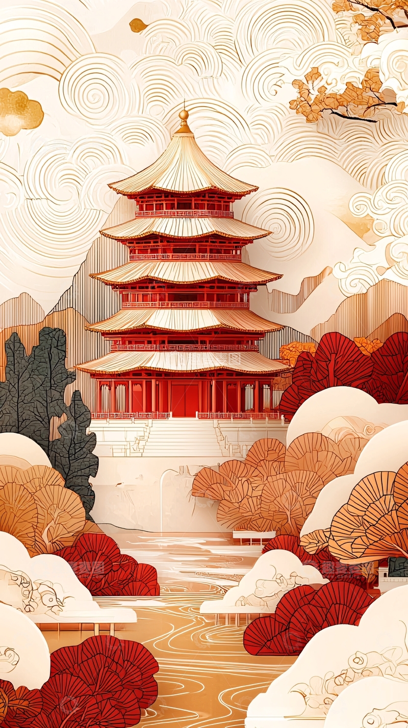 高清大图下载【趣麦麦图】红色古风建筑群插画