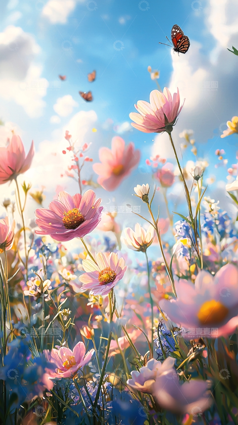 高清大图下载【趣麦麦图】阳光下粉色波斯菊花田