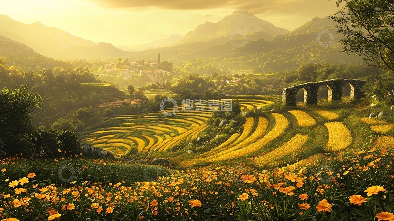 高清大图下载【趣麦麦图】金色梯田山间小镇