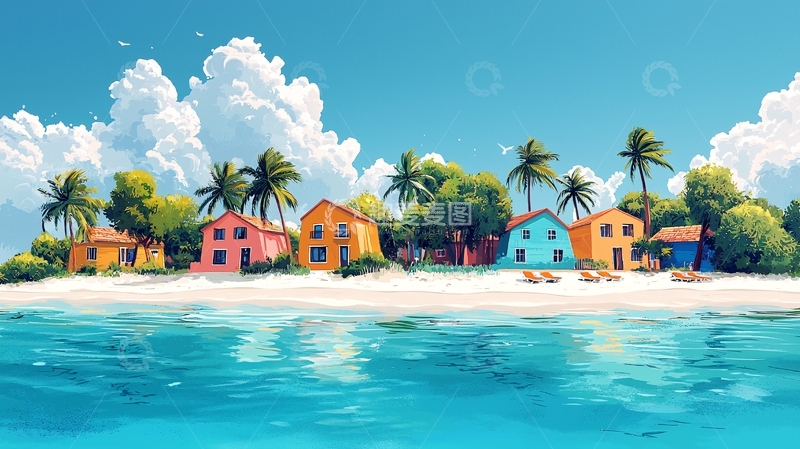 高清大图下载【趣麦麦图】彩色房屋海滩风景