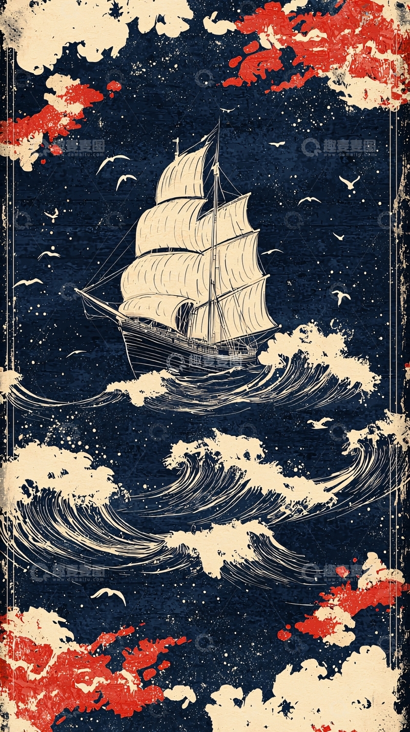 高清大图下载【趣麦麦图】复古帆船航海图
