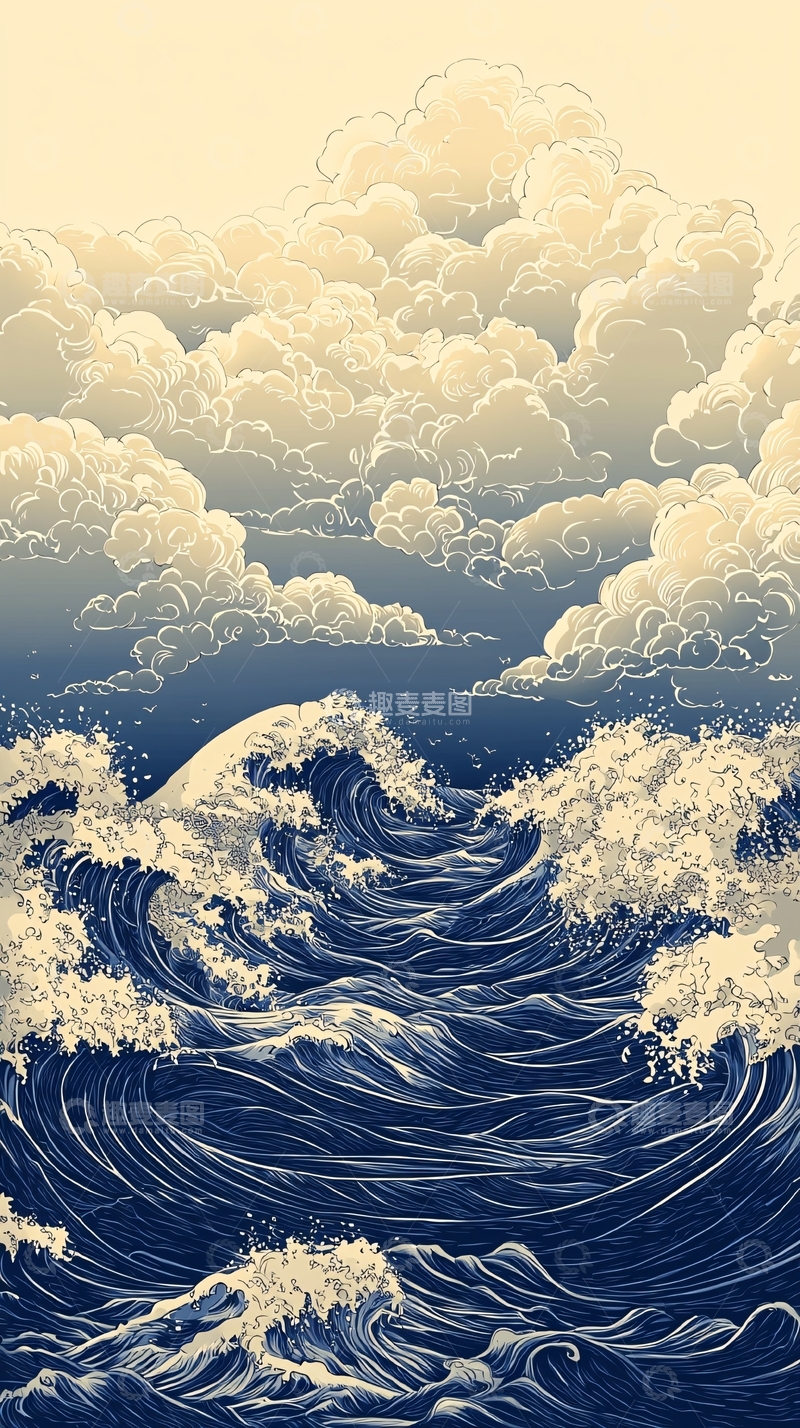 高清大图下载【趣麦麦图】海浪云朵天空背景图