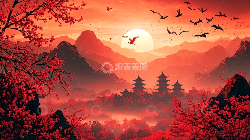 高清大图下载【趣麦麦图】红色山景日落