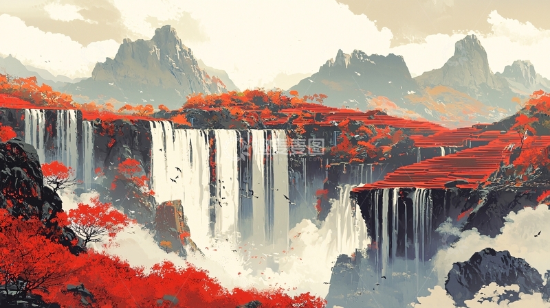 高清大图下载【趣麦麦图】秋日红叶瀑布山景