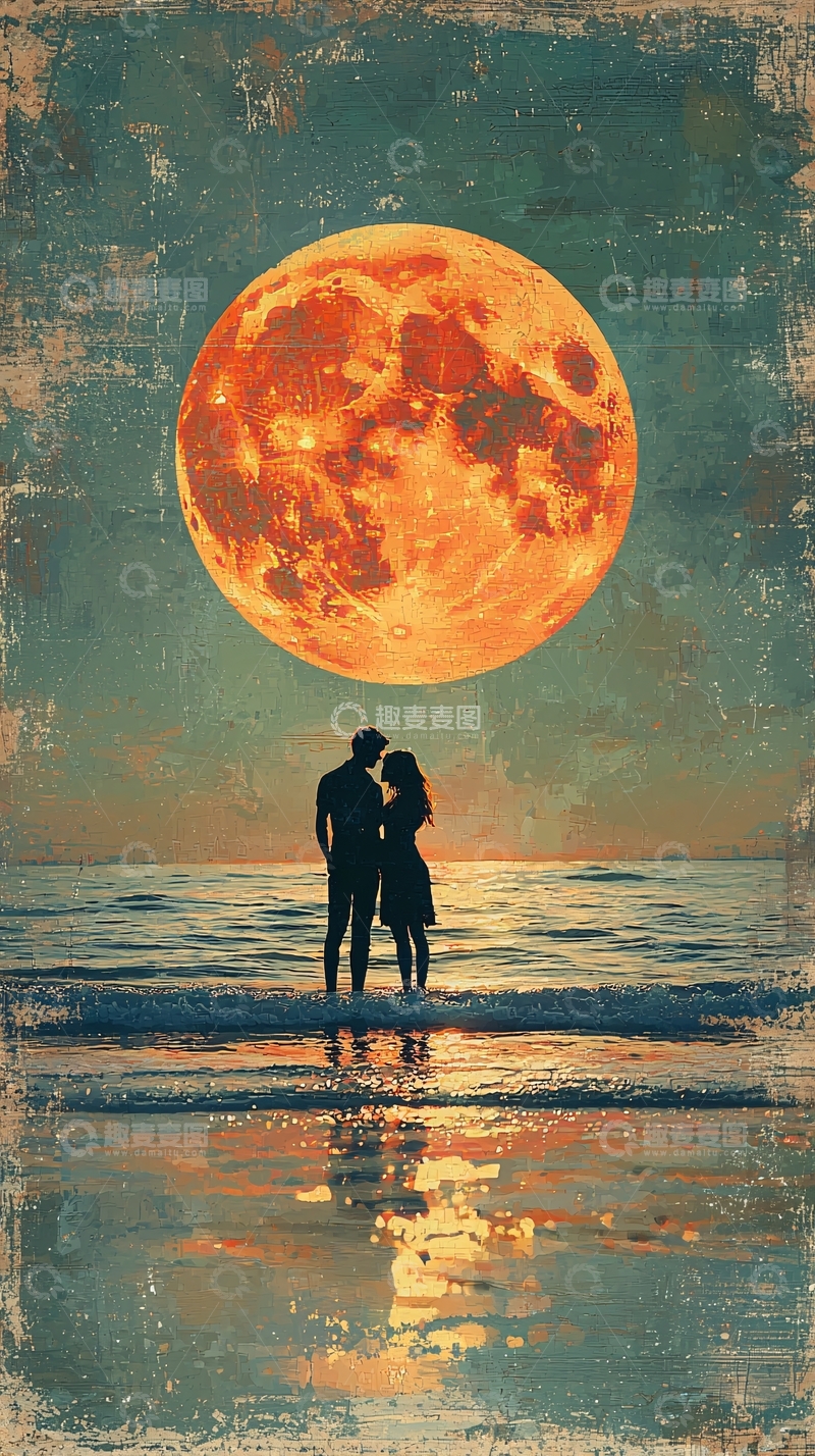 高清大图下载【趣麦麦图】海边日落剪影情侣