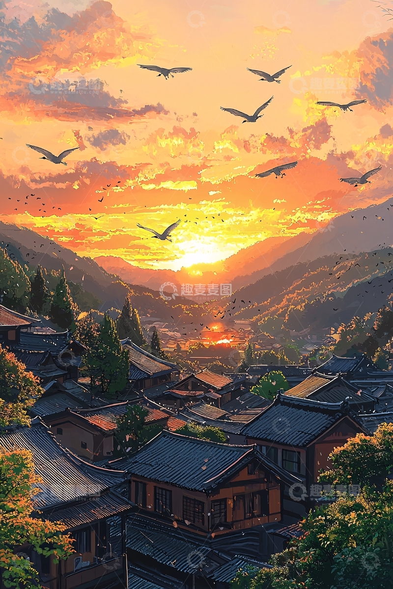 高清大图下载【趣麦麦图】日落山谷小镇