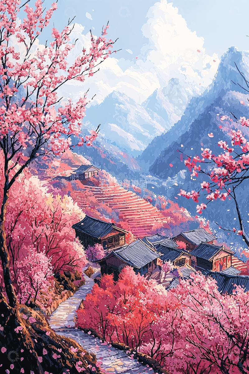 高清大图下载【趣麦麦图】粉红樱花山间村庄