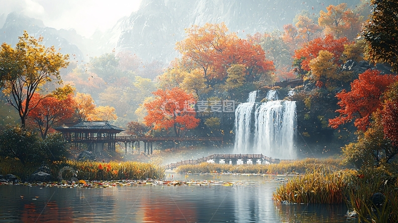高清大图下载【趣麦麦图】秋日瀑布仙境