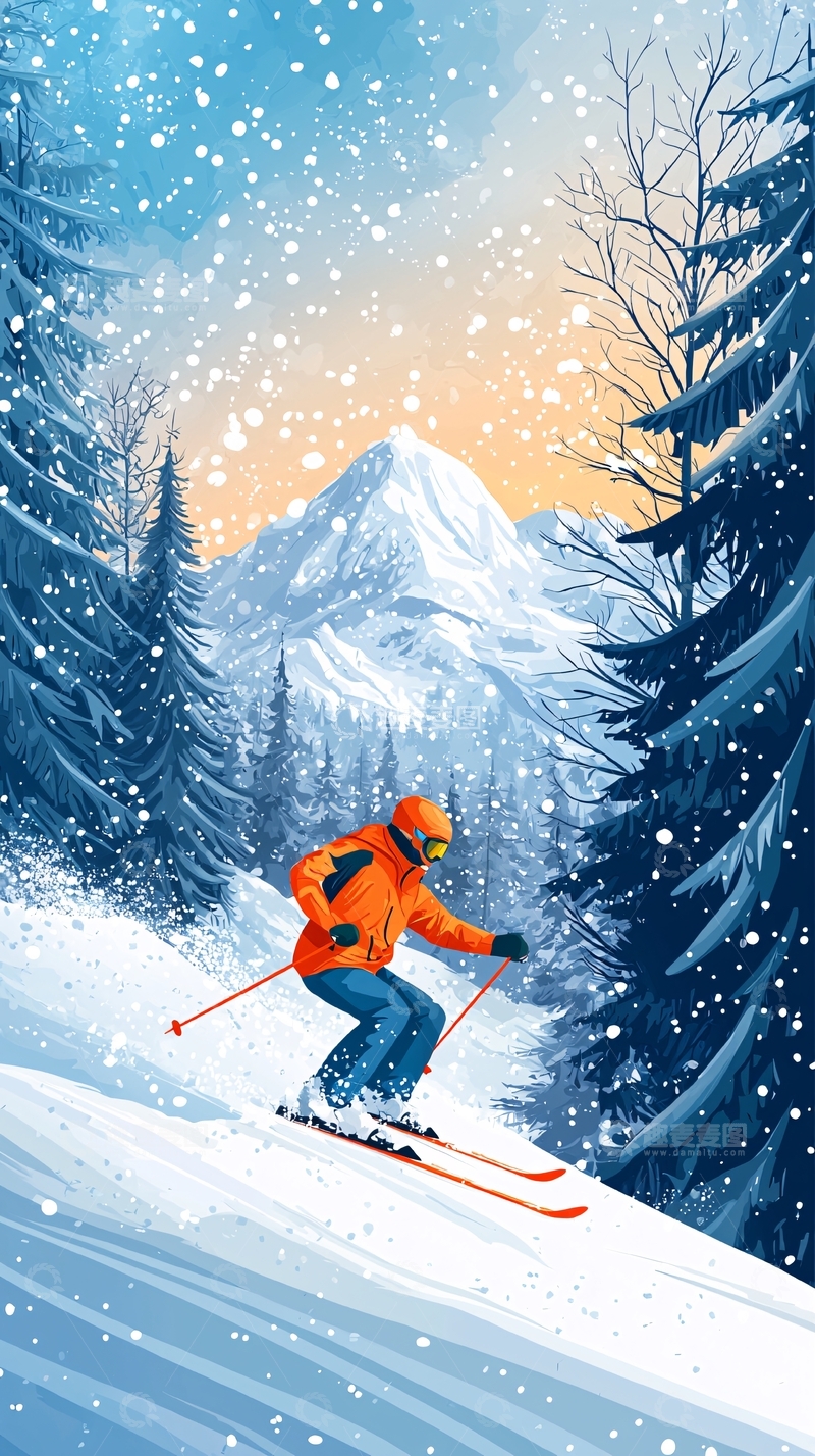 高清大图下载【趣麦麦图】雪山滑雪者冬季风景