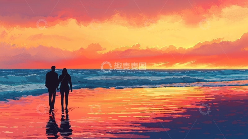 高清大图下载【趣麦麦图】日落海滩情侣剪影