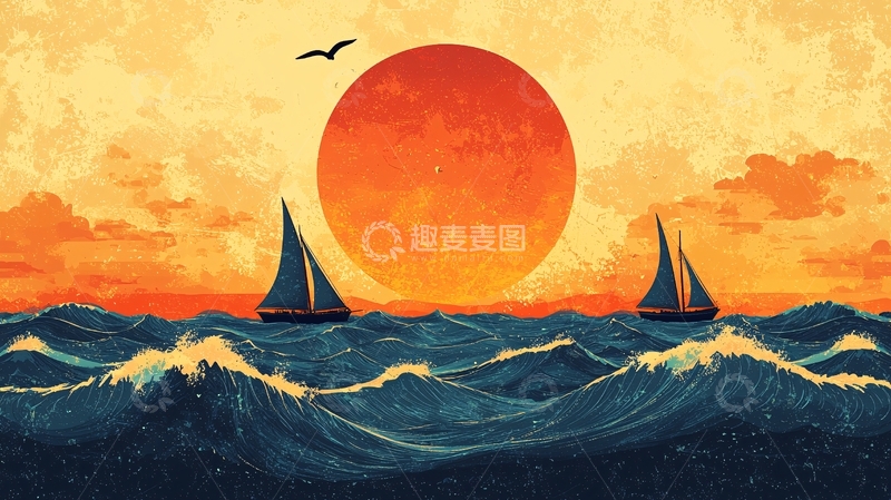 高清大图下载【趣麦麦图】日落海景帆船