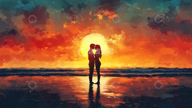 高清大图下载【趣麦麦图】日落海滩情侣接吻