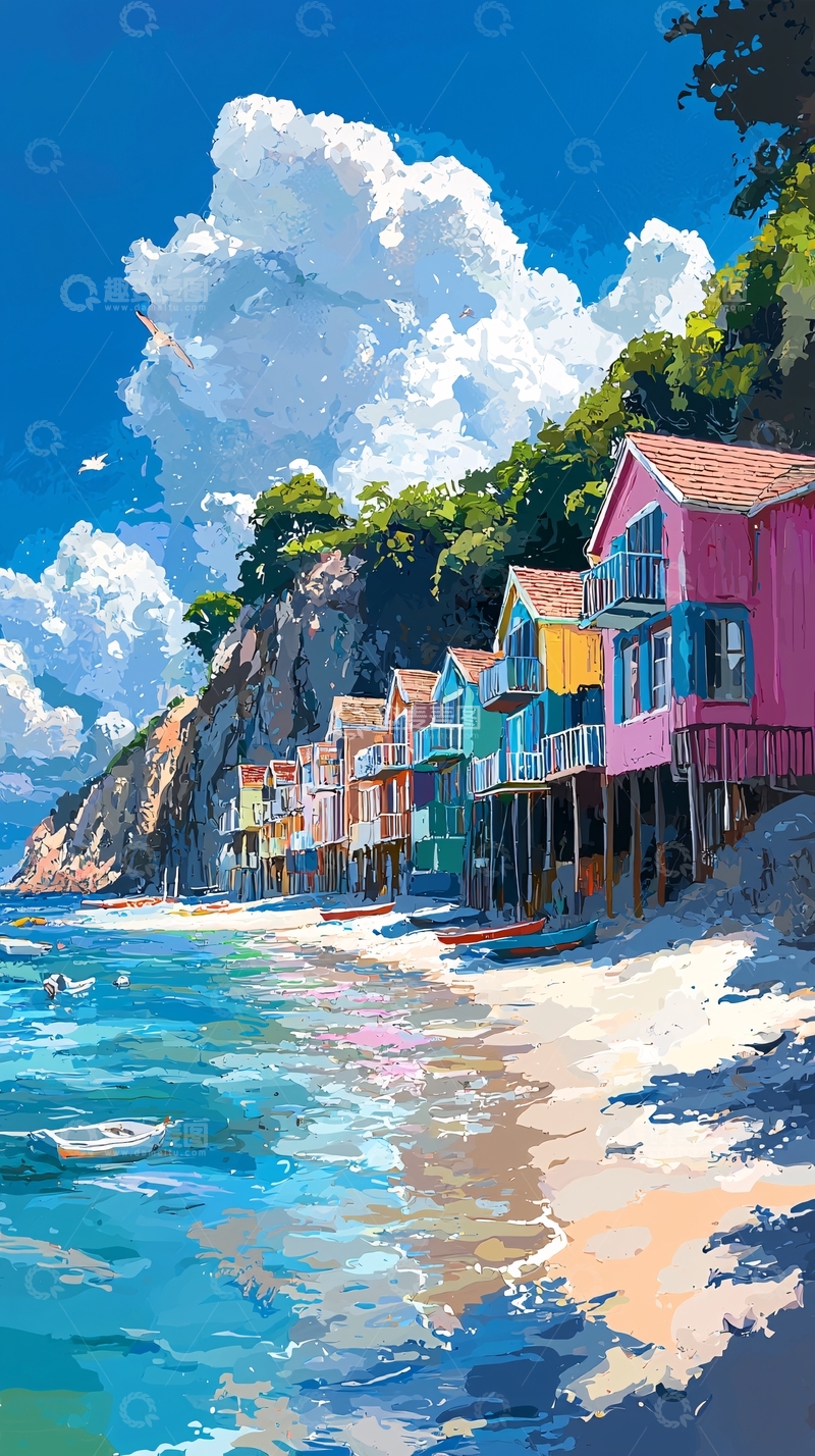高清大图下载【趣麦麦图】彩色海边小屋