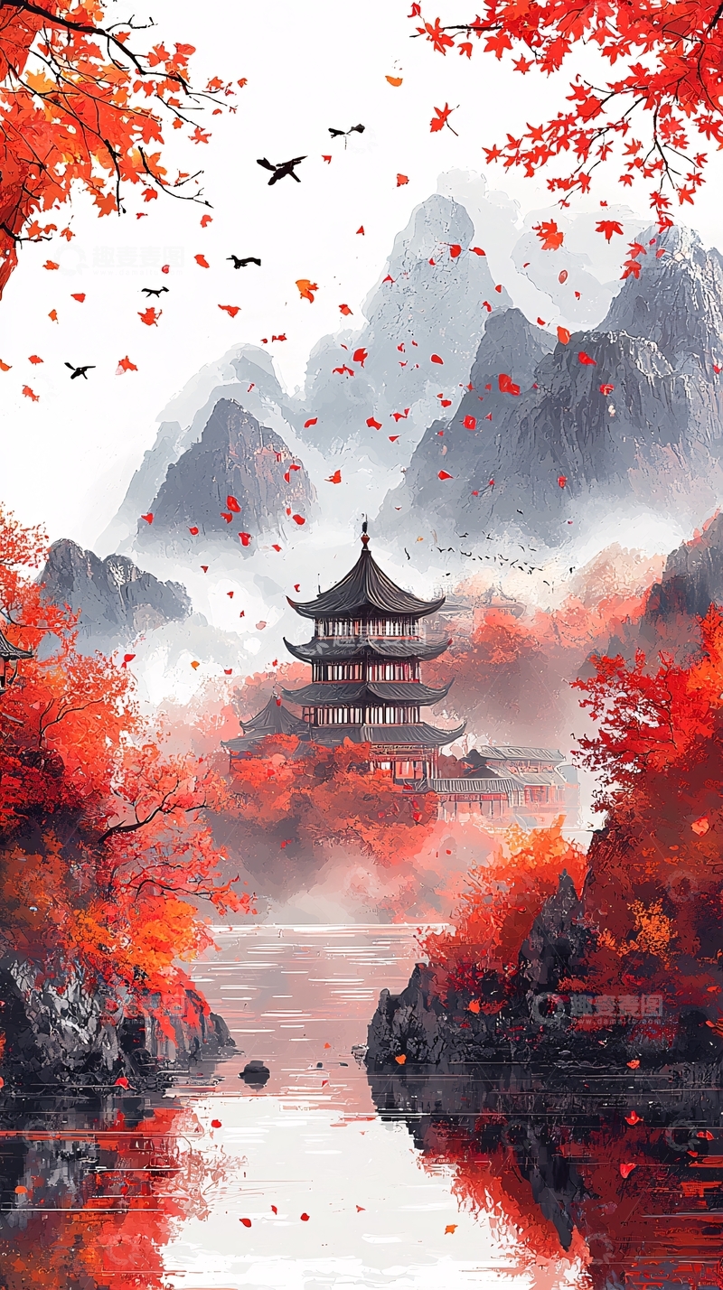 高清大图下载【趣麦麦图】秋日红叶山间古塔