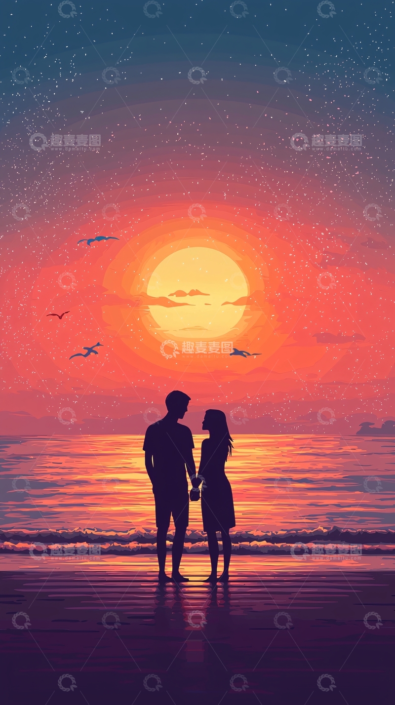 高清大图下载【趣麦麦图】日落海滩情侣剪影