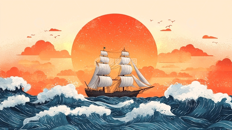 高清大图下载【趣麦麦图】日落航海大帆船