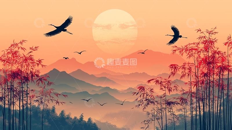 高清大图下载【趣麦麦图】唯美日出山水仙鹤剪影