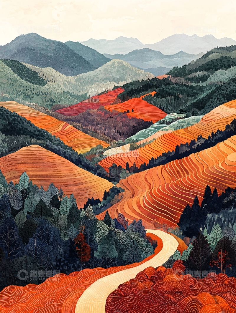 高清大图下载【趣麦麦图】秋日山峦田园公路