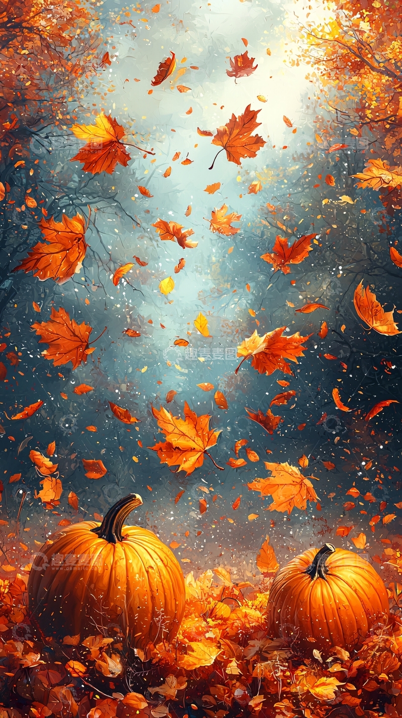 高清大图下载【趣麦麦图】秋叶飘落南瓜背景图
