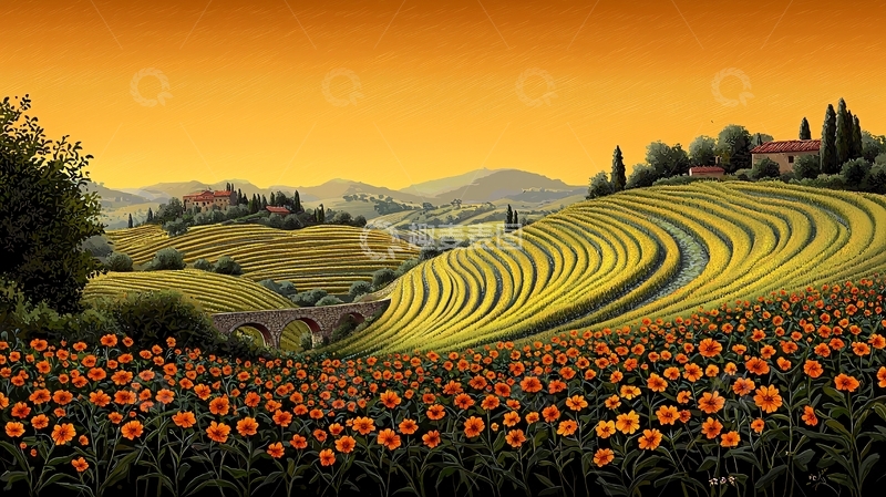 高清大图下载【趣麦麦图】夕阳下的向日葵田园风光