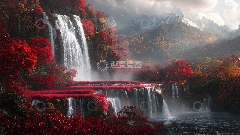 高清大图下载【趣麦麦图】红叶瀑布梦幻仙境