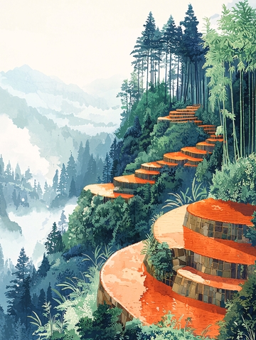 山间梯田水彩画