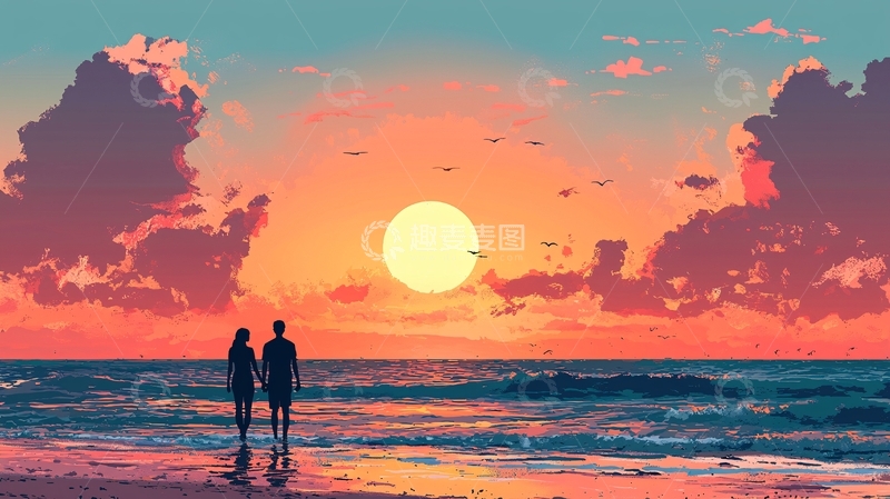 高清大图下载【趣麦麦图】日落海滩情侣剪影