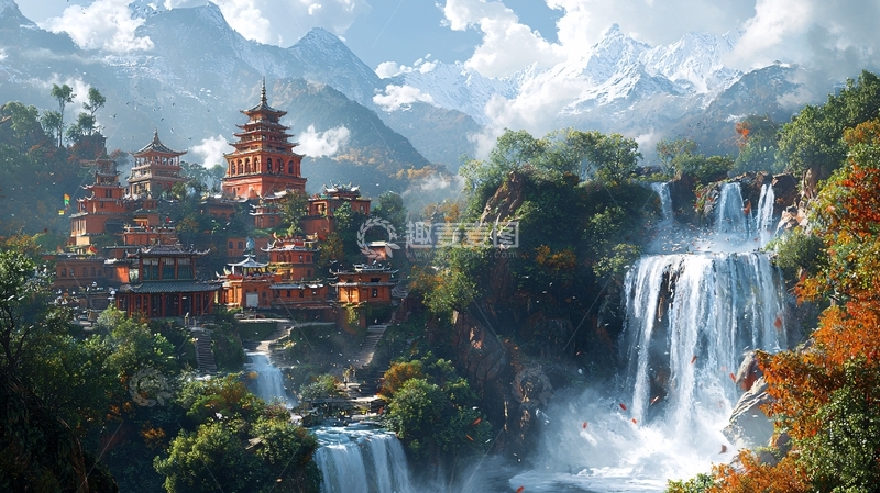 高清大图下载【趣麦麦图】雪山寺庙瀑布风景