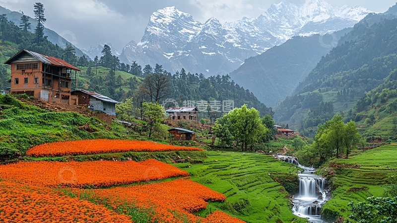 高清大图下载【趣麦麦图】雪山下的村庄