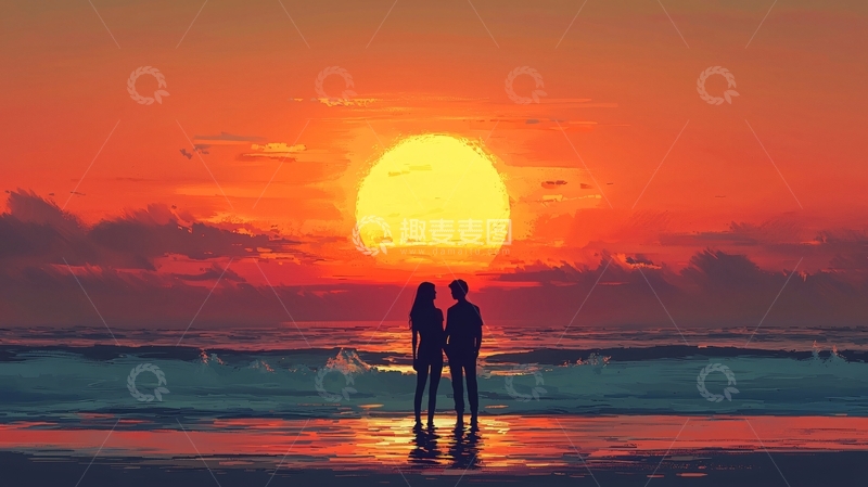 高清大图下载【趣麦麦图】日落情侣海边剪影